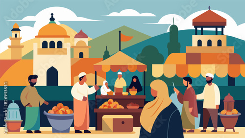 A bustling market near the pilgrimage site where vendors sell souvenirs trinkets and handcrafted items to visitors.. Vector illustration