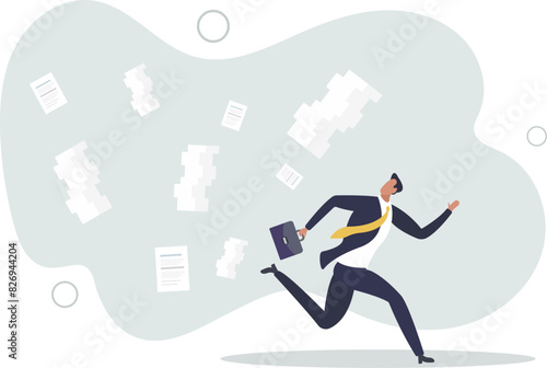 businessman runaway from paperwork.flat vector illustration.