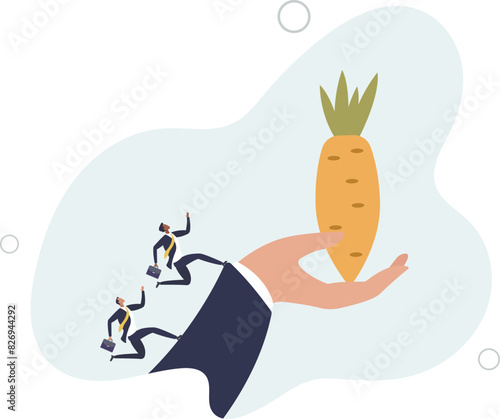 business people run on giant hand to grab carrot stick.flat vector illustration.