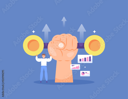 Illustration of a businessman and a hand holding coin dumbbells. strong economic or financial conditions. The value of stocks or currencies continues to strengthen. illustration concept design. graph