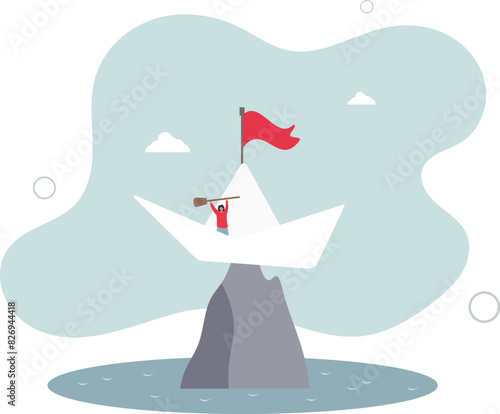 hopeless businesswoman stuck on shipwrecked on high rock cliff.flat vector illustration.