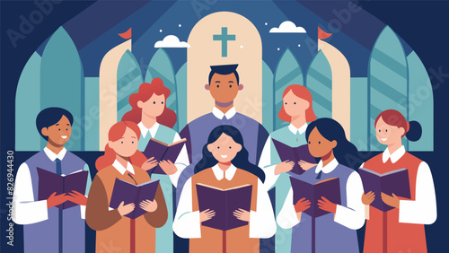 The dedication and passion of the choir palpable as they work tirelessly to perfect their performance in the tranquil chapel.. Vector illustration