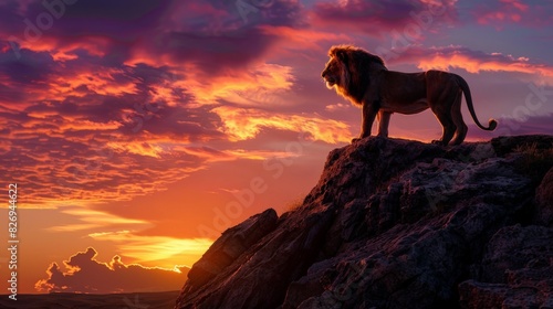Majestic Lion King Silhouetted Against Stunning Sunset Sky on Rocky Ledge - Nature's Strength and Beauty Captured in Wide Angle Shot