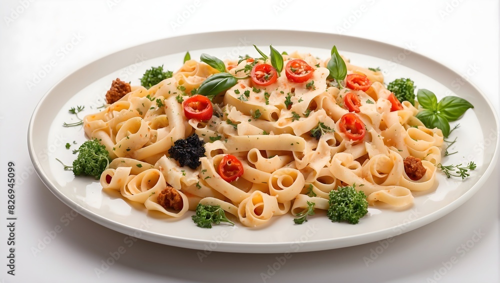 A delectable plate of pasta, adorned with savory sauces and garnishes, set against a clean, white background, inviting the viewer to savor its flavors visually ai_generated A delectable plate of pasta, adorned with savory sauces and garnishes, set against a clean, white background, inviting the viewer to savor its flavors visually ai_generated