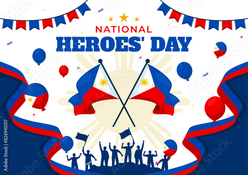Philippines Heroes Day Vector Illustration on August 29 with Waving Flag and Ribbon in a National Holiday Celebration, Flat Cartoon Style Background