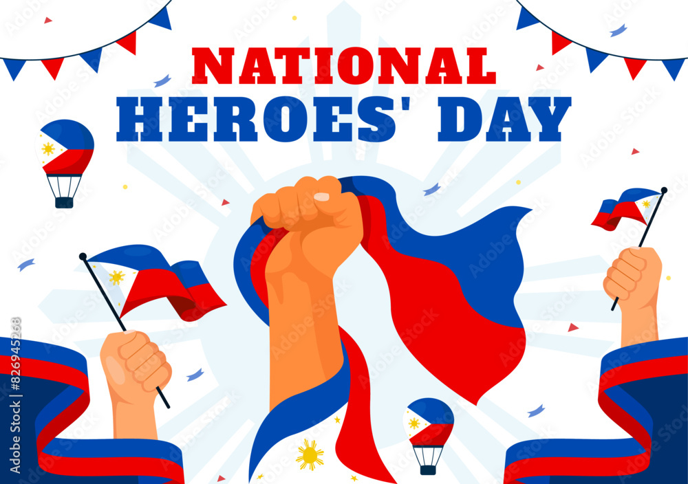 Philippines Heroes Day Vector Illustration on August 29 with Waving Flag and Ribbon in a National Holiday Celebration, Flat Cartoon Style Background Philippines Heroes Day Vector Illustration on August 29 with Waving Flag and Ribbon in a National Holiday Celebration, Flat Cartoon Style Background