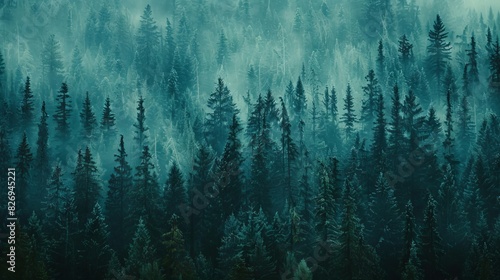 Realistic photography of coniferous forest. Abstract background of a northern forest photo