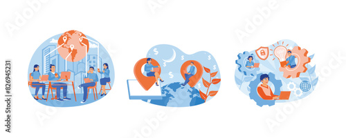 Business Outsourcing. Entrepreneurs promote work on social media. Company development and strategy. Outsourcing concept. Set flat vector illustration.