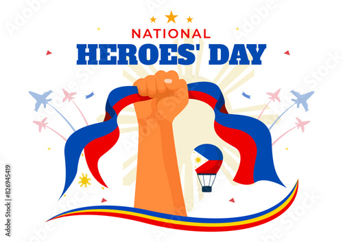 Philippines Heroes Day Vector Illustration on August 29 with Waving Flag and Ribbon in a National Holiday Celebration, Flat Cartoon Style Background