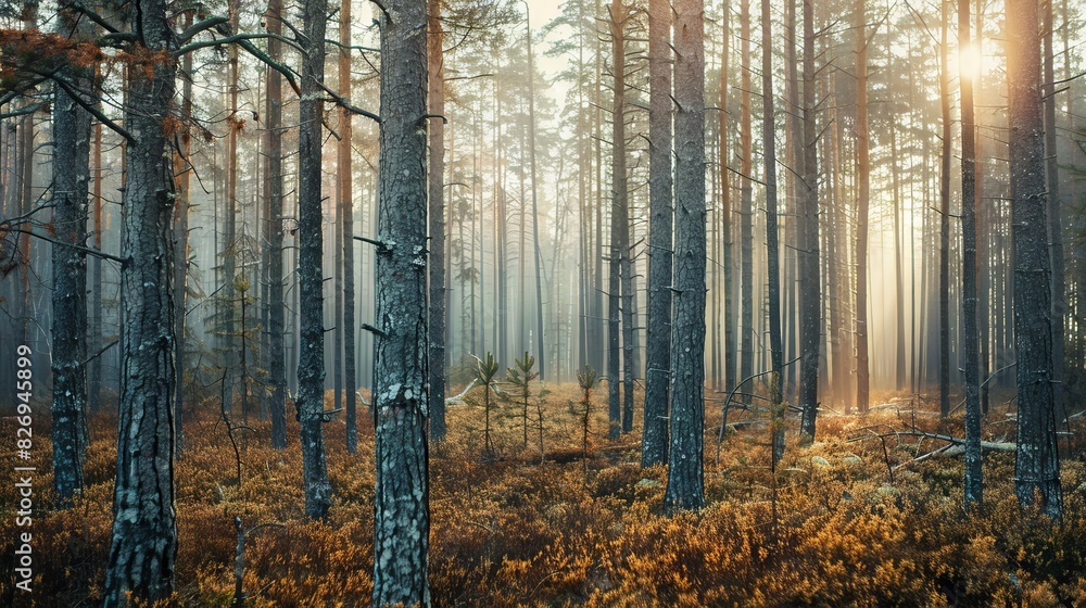 Fototapeta premium Realistic photography of coniferous forest. Abstract background of a northern forest