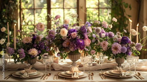 garden party with decorations in soft fluffy hues of pastel purple and light green