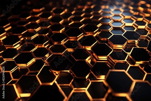 Black abstract futuristic digital geometric technology hexagon background banner illustration  Golden glowing hexagonal 3d shape texture