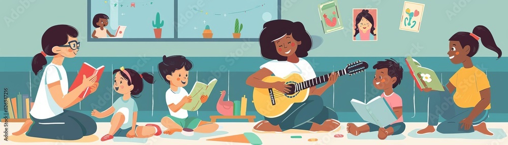 Bundle of preschool or kindergarten activities Female teacher and children playing guitar and singing songs, reading book, walking, doing gymnastics exercise together Cartoon vector illustration, clos Bundle of preschool or kindergarten activities Female teacher and children playing guitar and singing songs, reading book, walking, doing gymnastics exercise together Cartoon vector illustration, clos
