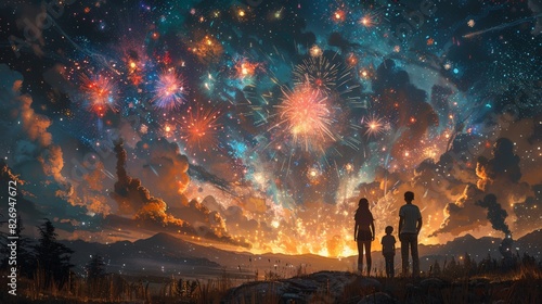 A family of four watching fireworks from their backyard, colorful explosions in the sky
