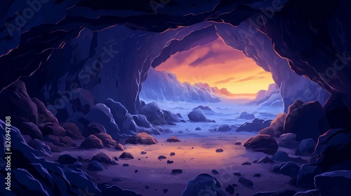 Illustration of enchanting sunset view from inside a rocky coastal cave at dusk.
