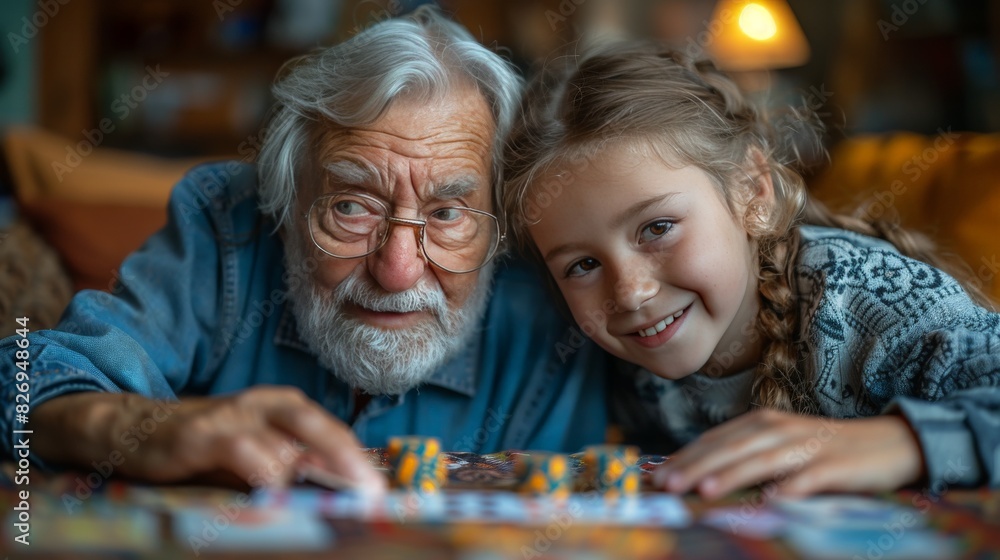 Fototapeta premium Bonding Through Generations: Grandparents Teaching Grandkids Card Games in Cozy Living Room Setting with Snacks, Fun Educational Activity
