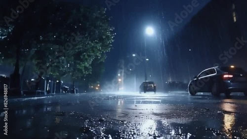 Atmospheric video of rainstorm in a night city.Heavy rain and splashes from cars passing through puddles taken from low point.Large drops break on the pavement in the light of street lam photo
