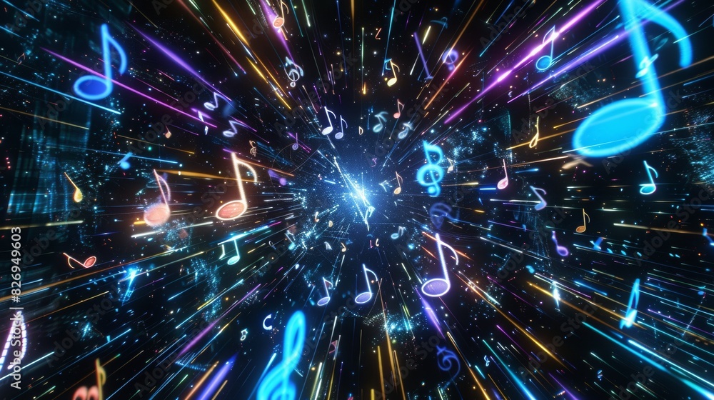 Fototapeta premium holographic musical notes floating in a dark space, moving to an unseen rhythm