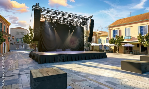 concert big stage in a village plaza on a  sunny day, realist background photo