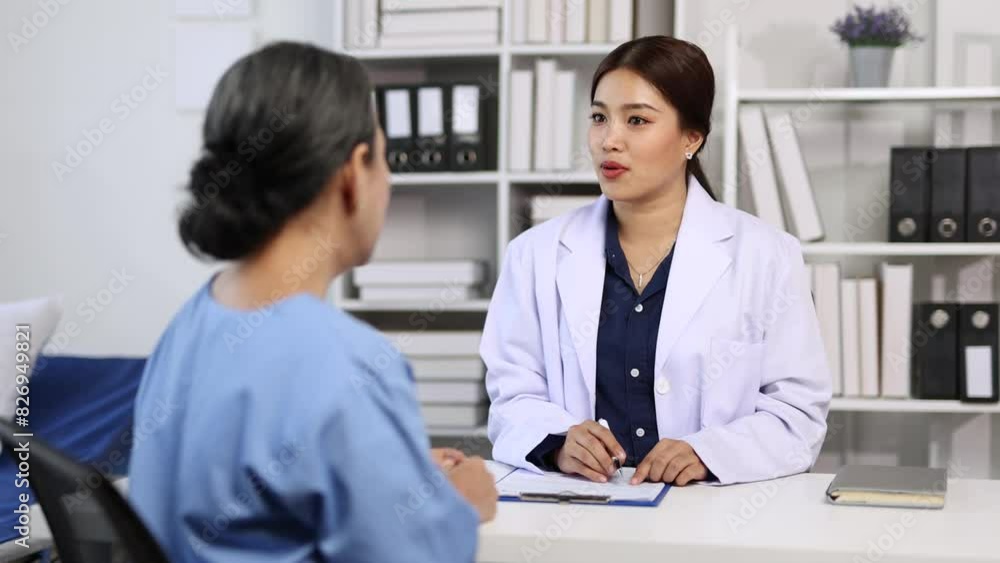 Female doctor talking with senior female patient in examination room at hospital. Health consultants from specialist doctors at hospital clinics. Female doctor talking with senior female patient in examination room at hospital. Health consultants from specialist doctors at hospital clinics.