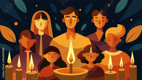 The candles golden glow dances across the faces of all those in attendance creating a sense of unity and peace a the families.. Vector illustration