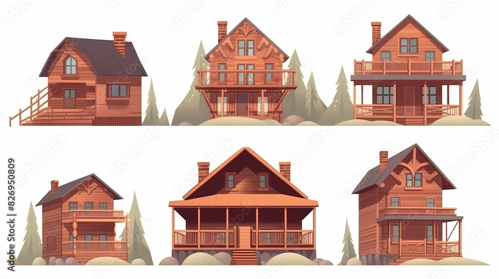 Cabins, wooden houses in forest, mountain village or camp. Small log cottages, huts with chimney, porch and stairs isolated on white background Cabins, wooden houses in forest, mountain village or camp. Small log cottages, huts with chimney, porch and stairs isolated on white background