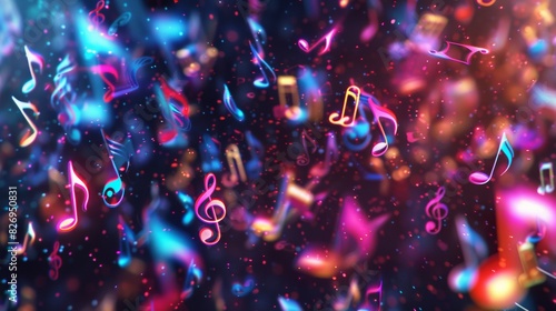 holographic musical notes floating in a dark space, moving to an unseen rhythm