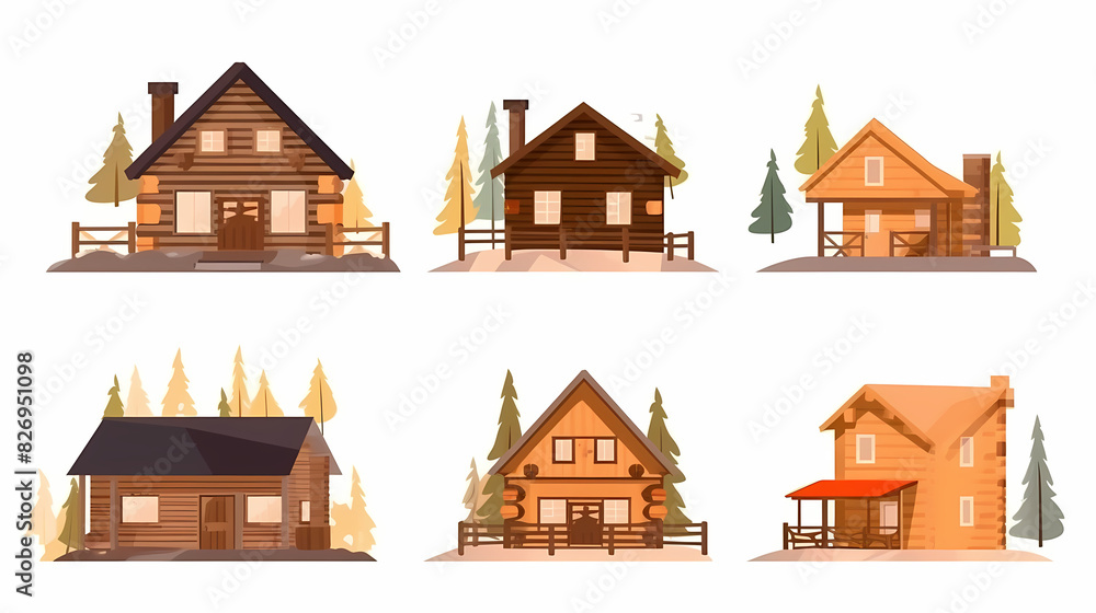 Cabins, wooden houses in forest, mountain village or camp. Small log cottages, huts with chimney, porch and stairs isolated on white background Cabins, wooden houses in forest, mountain village or camp. Small log cottages, huts with chimney, porch and stairs isolated on white background