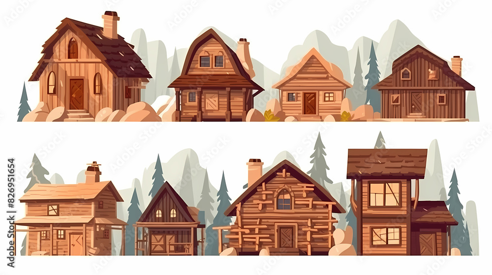 Cabins, wooden houses in forest, mountain village or camp. Small log cottages, huts with chimney, porch and stairs isolated on white background