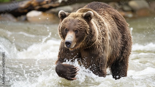 A mighty grizzly bear catching salmon in a rushing river during the annual migration 