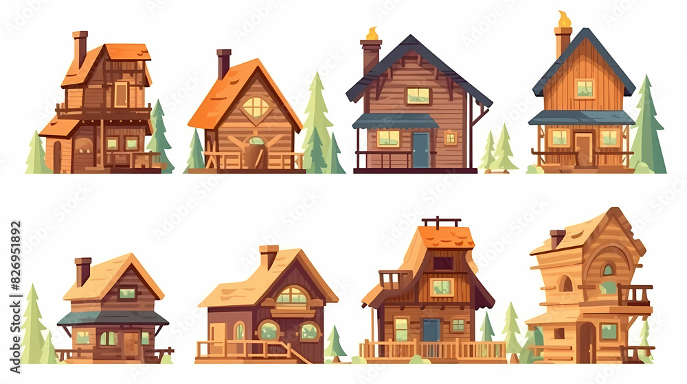 Cabins, wooden houses in forest, mountain village or camp. Small log cottages, huts with chimney, porch and stairs isolated on white background Cabins, wooden houses in forest, mountain village or camp. Small log cottages, huts with chimney, porch and stairs isolated on white background