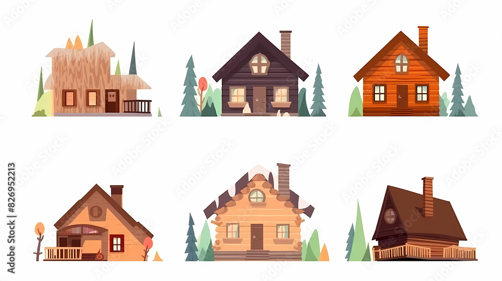 Cabins, wooden houses in forest, mountain village or camp. Small log cottages, huts with chimney, porch and stairs isolated on white background Cabins, wooden houses in forest, mountain village or camp. Small log cottages, huts with chimney, porch and stairs isolated on white background