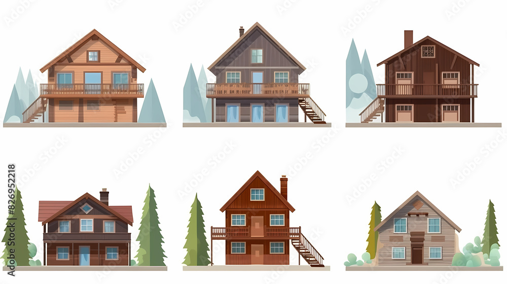 Cabins, wooden houses in forest, mountain village or camp. Small log cottages, huts with chimney, porch and stairs isolated on white background Cabins, wooden houses in forest, mountain village or camp. Small log cottages, huts with chimney, porch and stairs isolated on white background
