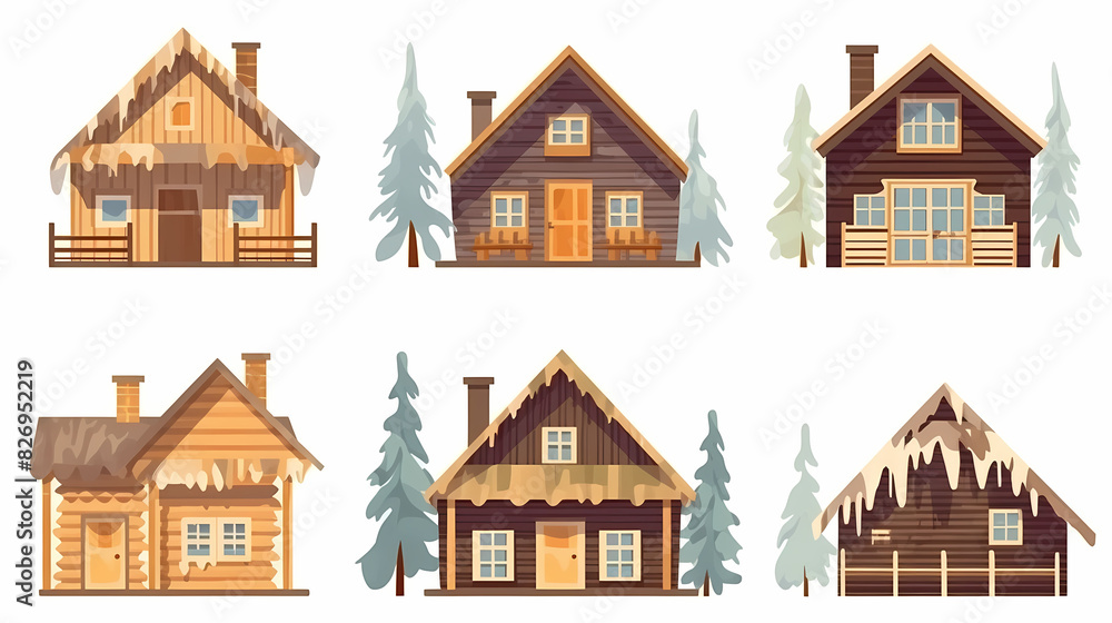 Cabins, wooden houses in forest, mountain village or camp. Small log cottages, huts with chimney, porch and stairs isolated on white background Cabins, wooden houses in forest, mountain village or camp. Small log cottages, huts with chimney, porch and stairs isolated on white background