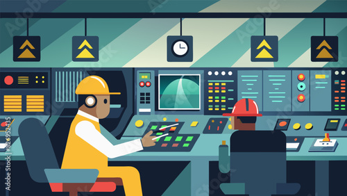 The steady hum of machines and the occasional beep of a warning signal are the only sounds in the control room a testament to the operators efficiency. Vector illustration