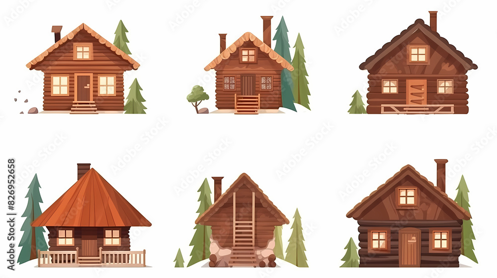 Cabins, wooden houses in forest, mountain village or camp. Small log cottages, huts with chimney, porch and stairs isolated on white background Cabins, wooden houses in forest, mountain village or camp. Small log cottages, huts with chimney, porch and stairs isolated on white background