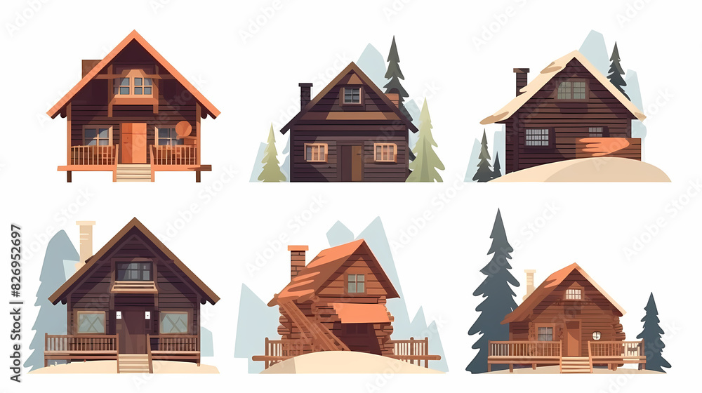 Cabins, wooden houses in forest, mountain village or camp. Small log cottages, huts with chimney, porch and stairs isolated on white background Cabins, wooden houses in forest, mountain village or camp. Small log cottages, huts with chimney, porch and stairs isolated on white background
