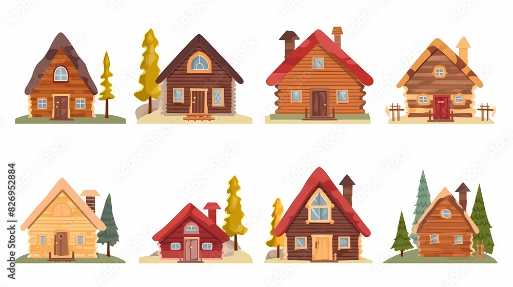 Cabins, wooden houses in forest, mountain village or camp. Small log cottages, huts with chimney, porch and stairs isolated on white background Cabins, wooden houses in forest, mountain village or camp. Small log cottages, huts with chimney, porch and stairs isolated on white background