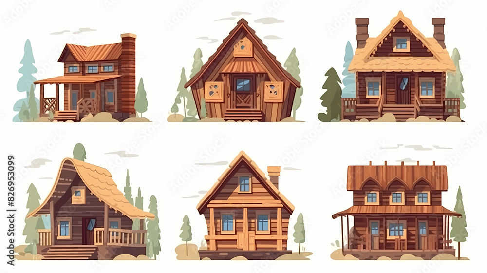 Cabins, wooden houses in forest, mountain village or camp. Small log cottages, huts with chimney, porch and stairs isolated on white background Cabins, wooden houses in forest, mountain village or camp. Small log cottages, huts with chimney, porch and stairs isolated on white background