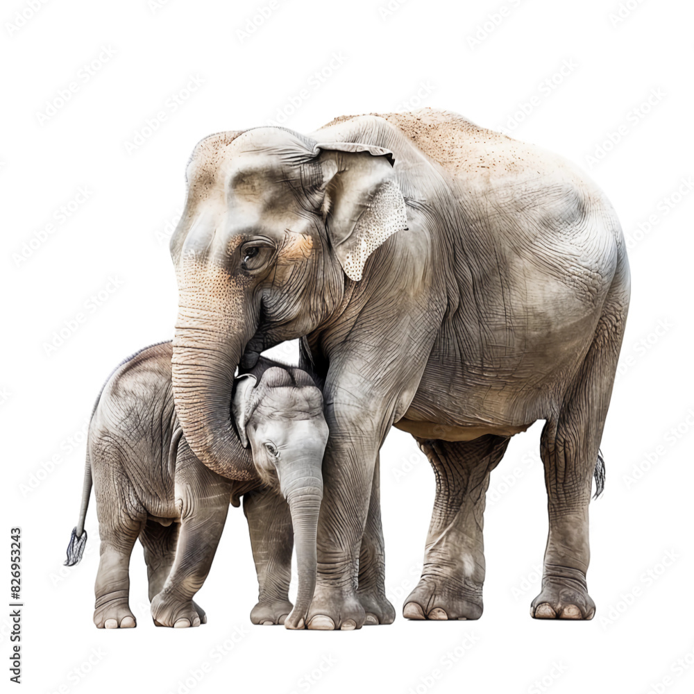 Obraz premium The elephant mother wraps her trunk around the elephant baby. Isolated on transparent background. Family, Motherhood, childhood, parent child relationship, wildlife protection concept