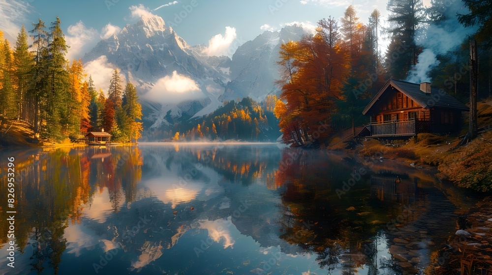 Naklejka premium Wooden House by Lake with Mountain and Forest Scenery, Serene Nature Retreat