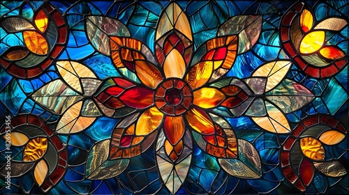 Floral Radiance: Stained Glass Art Pattern of a Flower, Showcasing Intricate Craftsmanship and Vibrant Colors photo