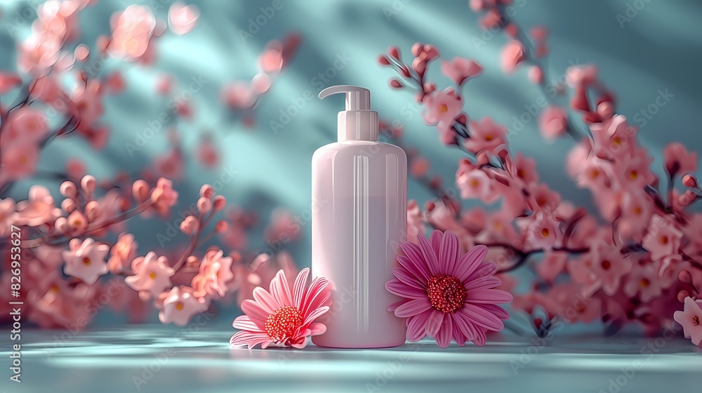 Realistic Mockup blank label of bottle isolated on neutral minimal style background with pink cherry flower blossom for cosmetic, skincare commercial product presentation Realistic Mockup blank label of bottle isolated on neutral minimal style background with pink cherry flower blossom for cosmetic, skincare commercial product presentation