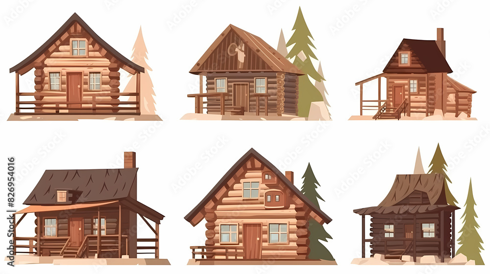 Cabins, wooden houses in forest, mountain village or camp. Small log cottages, huts with chimney, porch and stairs isolated on white background Cabins, wooden houses in forest, mountain village or camp. Small log cottages, huts with chimney, porch and stairs isolated on white background