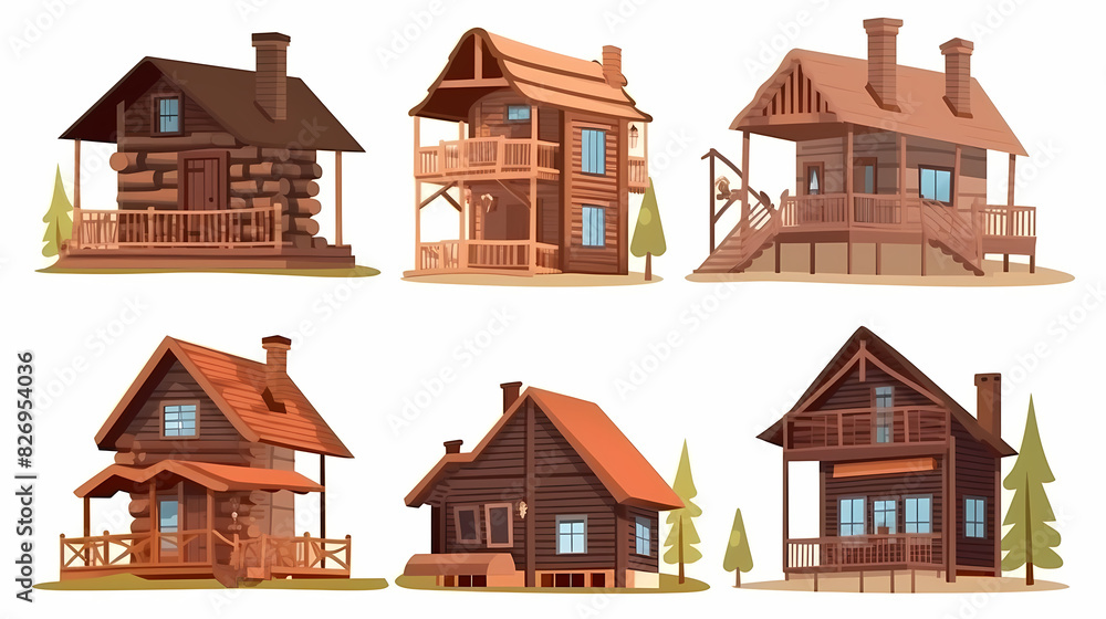 Cabins, wooden houses in forest, mountain village or camp. Small log cottages, huts with chimney, porch and stairs isolated on white background Cabins, wooden houses in forest, mountain village or camp. Small log cottages, huts with chimney, porch and stairs isolated on white background