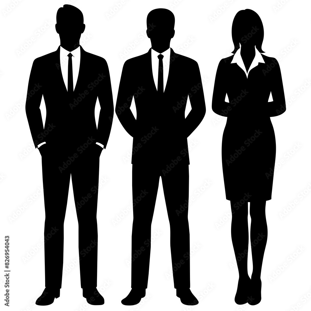 Vector silhouettes of men and a women, a group of standing and walking business people, black color isolated on white background. Vector silhouettes of men and a women, a group of standing and walking business people, black color isolated on white background.