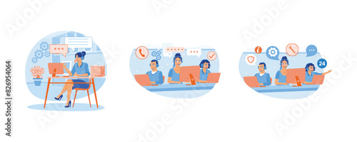Operator wearing headset. Receive calls from clients. Providing service to clients 24 hours a day. Hotline operator concept. Set flat vector illustration.