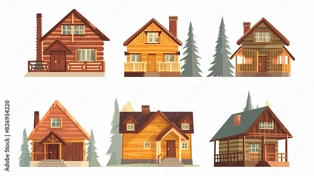 Cabins, wooden houses in forest, mountain village or camp. Small log cottages, huts with chimney, porch and stairs isolated on white background Cabins, wooden houses in forest, mountain village or camp. Small log cottages, huts with chimney, porch and stairs isolated on white background