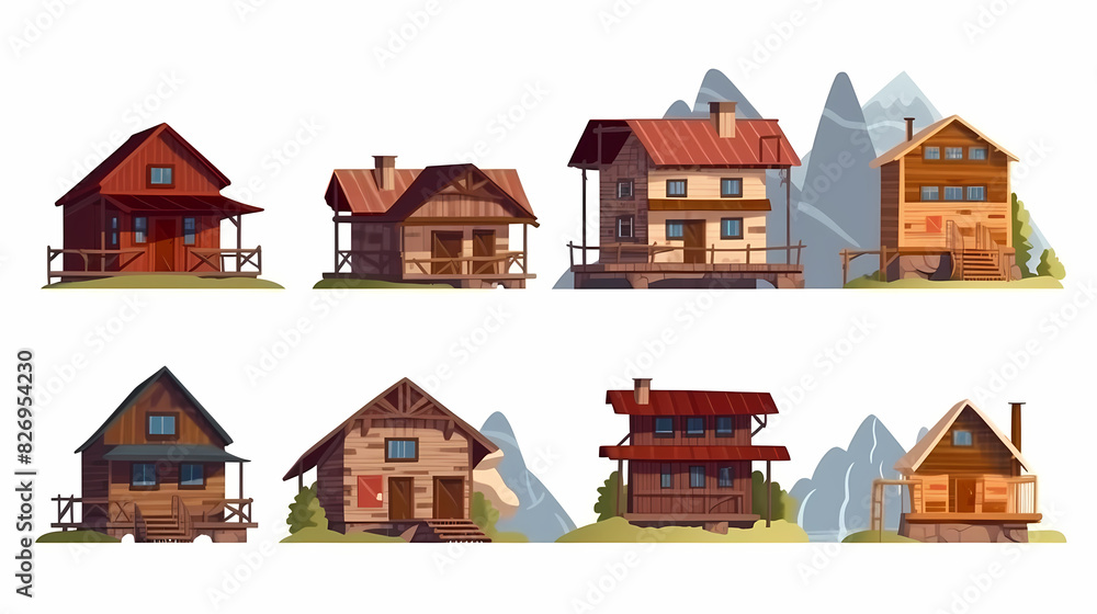 Cabins, wooden houses in forest, mountain village or camp. Small log cottages, huts with chimney, porch and stairs isolated on white background Cabins, wooden houses in forest, mountain village or camp. Small log cottages, huts with chimney, porch and stairs isolated on white background