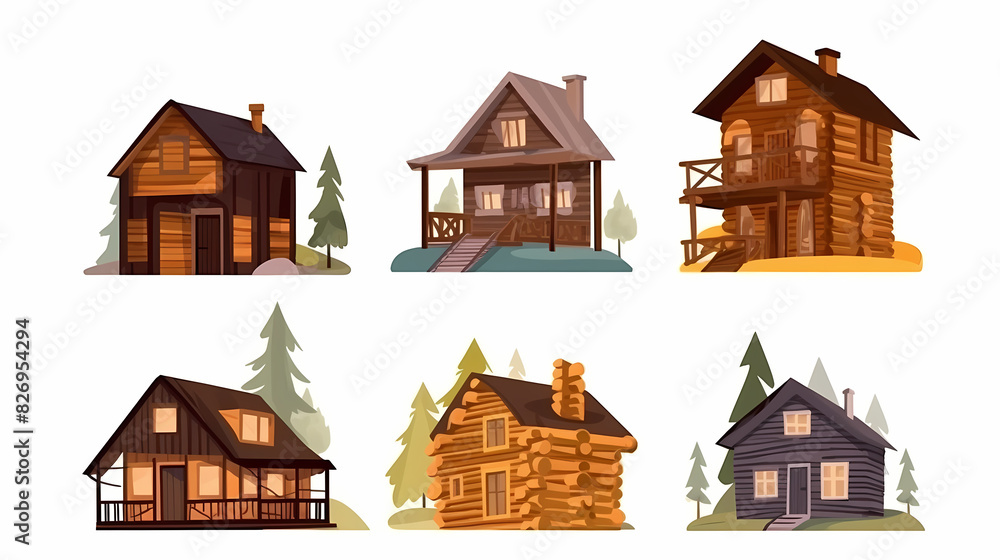 Cabins, wooden houses in forest, mountain village or camp. Small log cottages, huts with chimney, porch and stairs isolated on white background Cabins, wooden houses in forest, mountain village or camp. Small log cottages, huts with chimney, porch and stairs isolated on white background